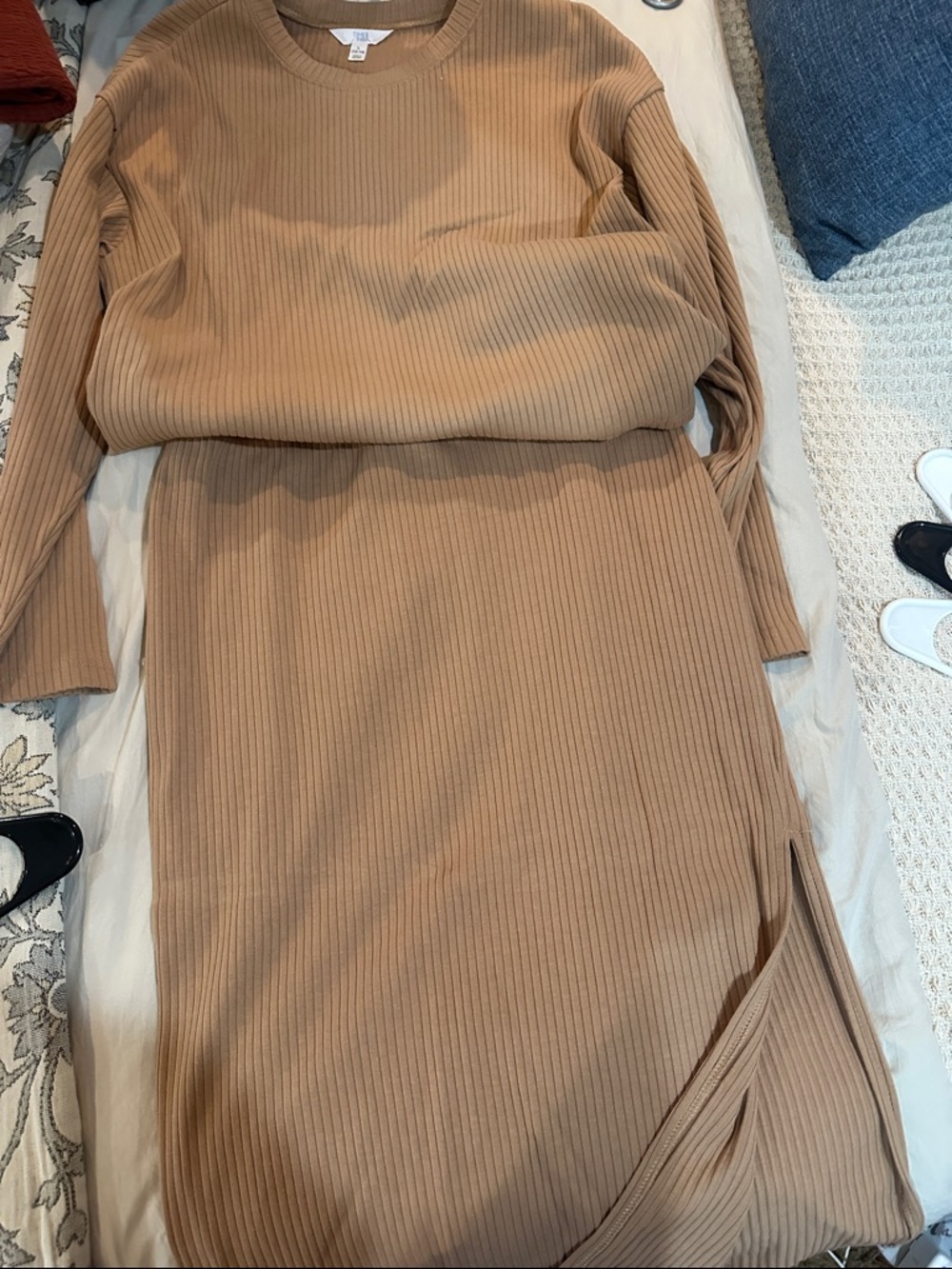 Time and Tru Ribbed Long Sleeve Midi Dress in Camel/Tan